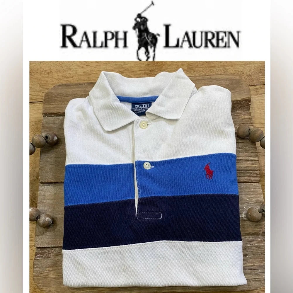 Vintage Polo by RL Boy’s Small Blue/White‎ Stripe Pique Knit Short Sleeve Polo